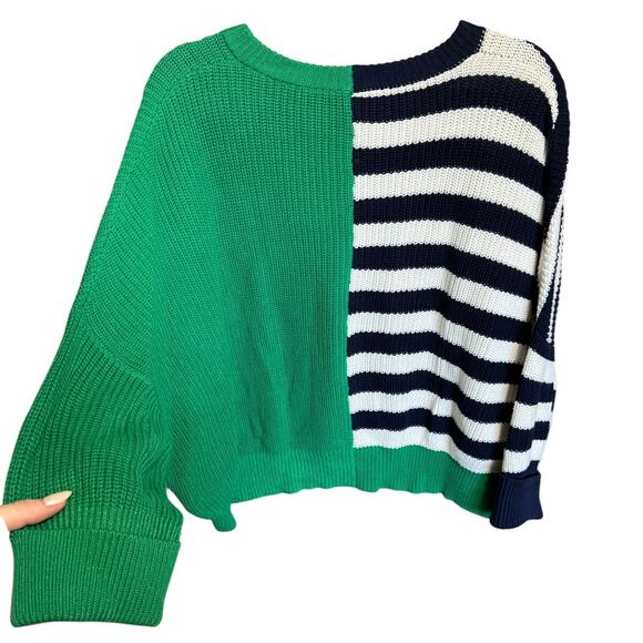 JS71 Colorblock Striped Sweater Knitted Crewneck Navy Blue Green Size M / L - Picture 4 of 10